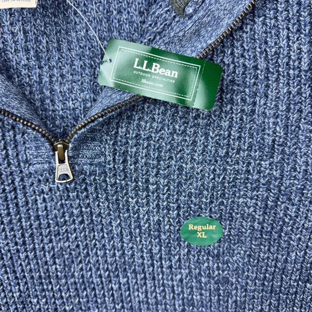 LL Bean Sweater Mens XL Indigo Blue‎ Organic Cotton Waffle Knit 1/4 Zip Mock NEW